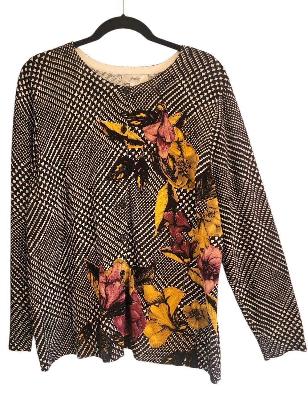 Cj Banks Cotton Black White Houndstooth Long Sleeve Floral Cardigan Sweater 1X